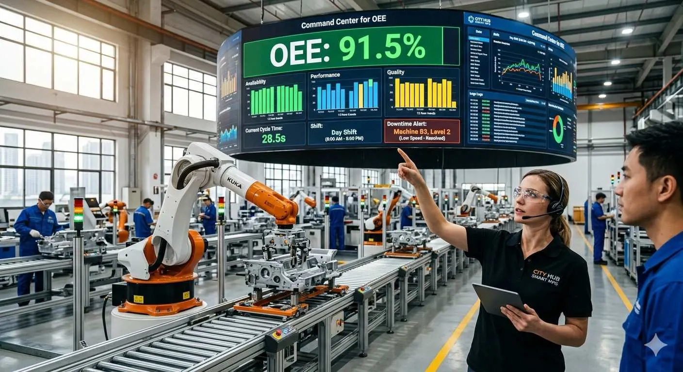 A smart factory manager analyzes live OEE performance data on a massive curved display to optimize production efficiency.