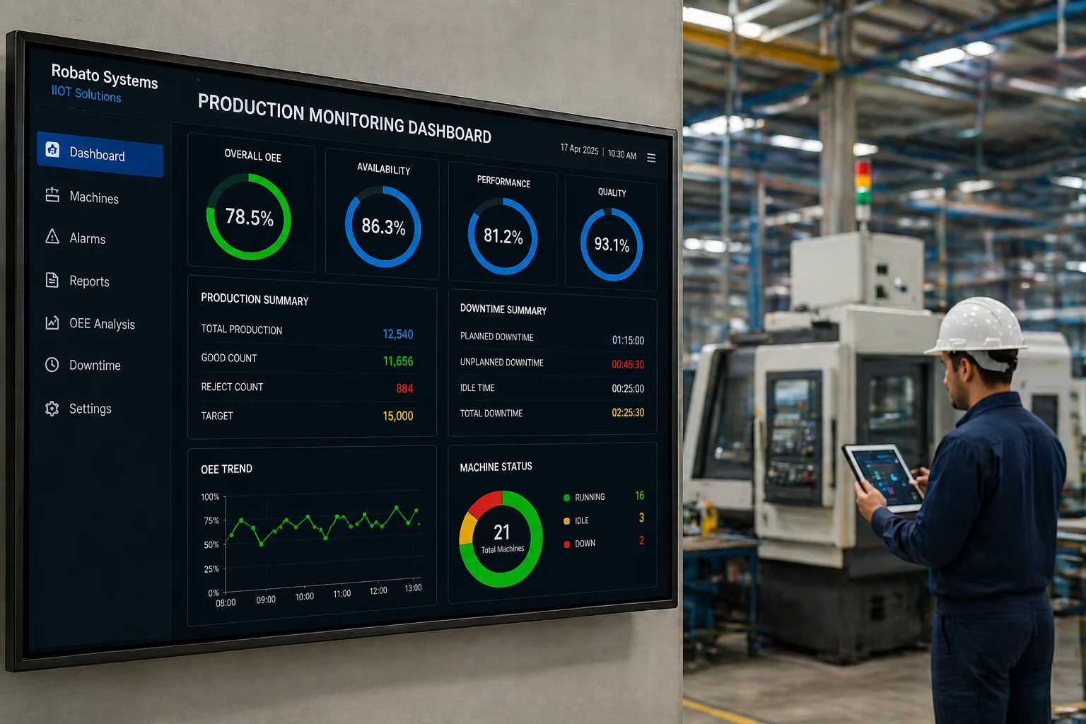 Factory floor with large screen showing real-time machine data monitoring dashboard while engineer checks production metrics on tablet