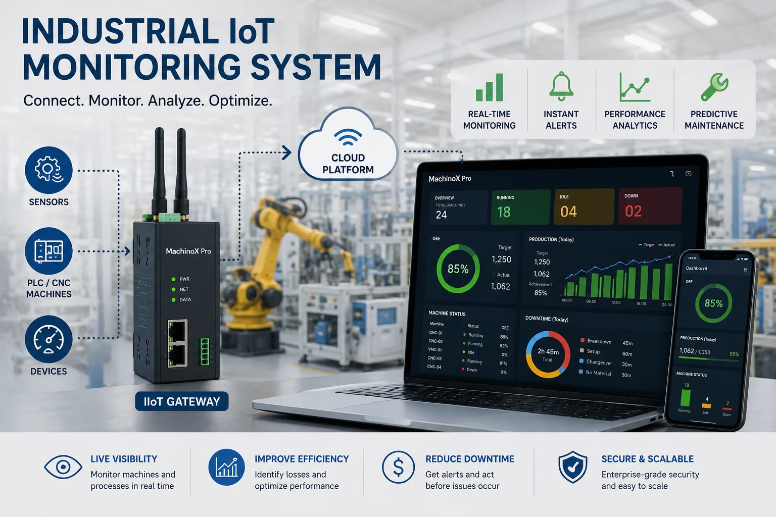 Industrial IoT dashboard monitoring factory machines with real-time analytics, predictive maintenance alerts, and connected smart manufacturing systems.