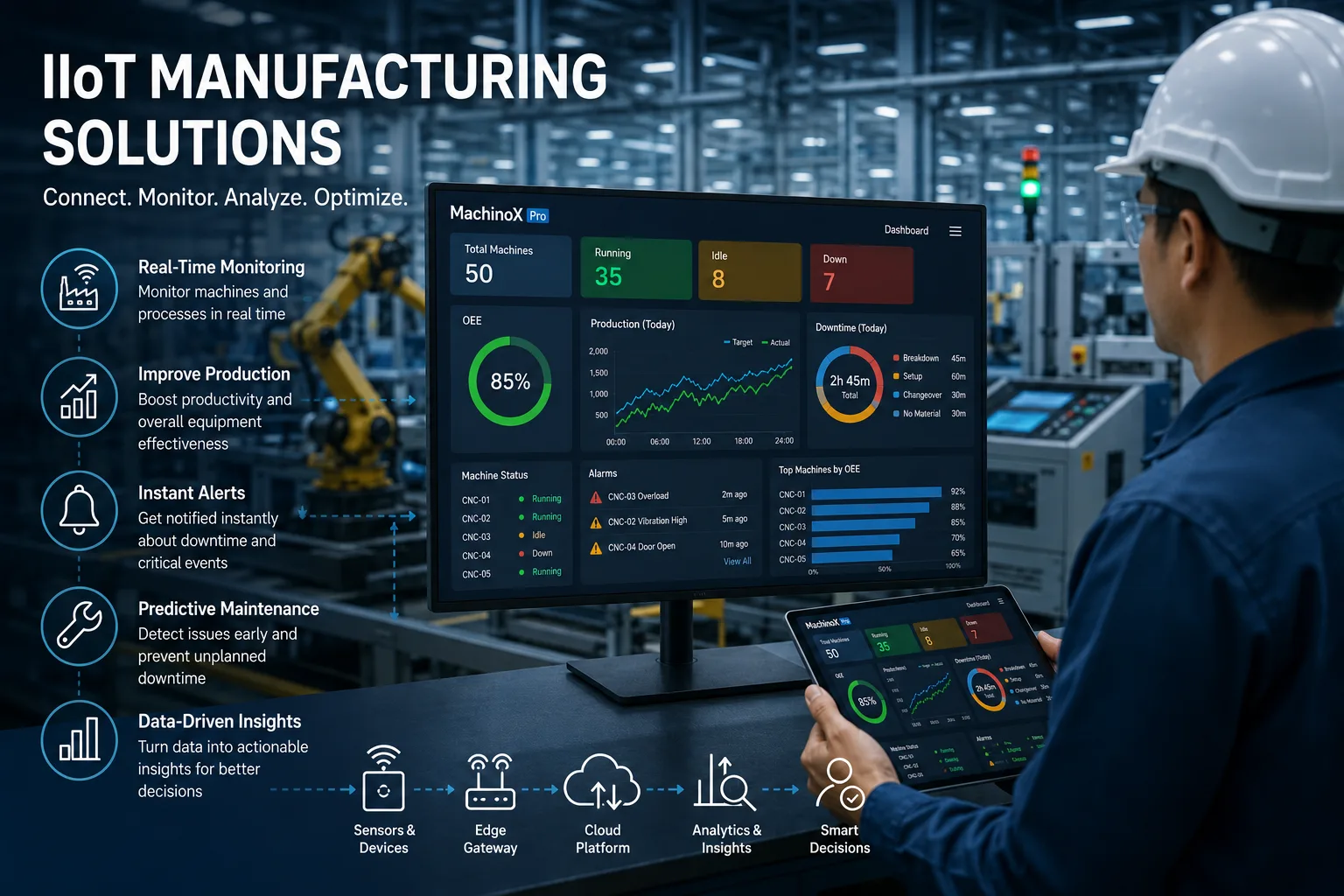 Factory engineer monitoring IIoT manufacturing dashboard with real-time analytics, predictive maintenance alerts, and connected smart production systems.