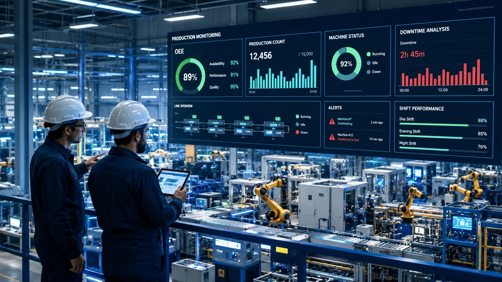 Production monitoring system dashboard showing real-time machine performance and production analytics