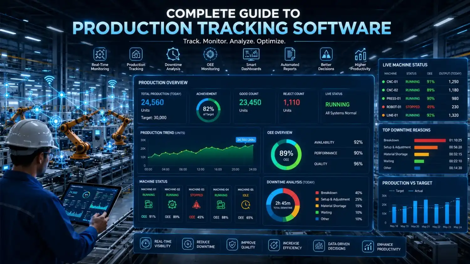Production tracking software dashboard showing real-time production counts, machine status, OEE metrics, and manufacturing performance analytics.
