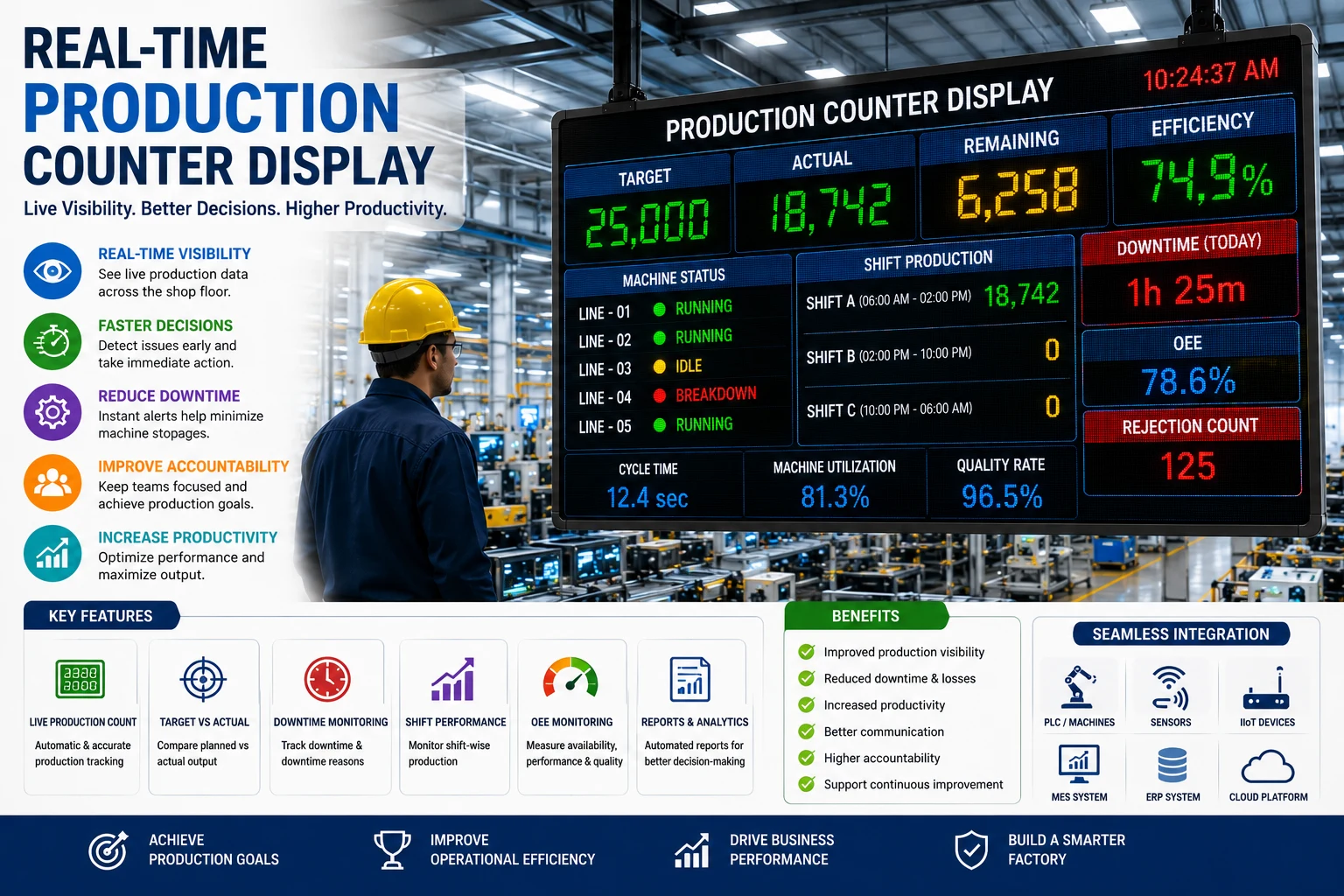 Real-time production counter display showing production targets, actual output, machine status, shift performance, downtime, and OEE in a manufacturing plant.