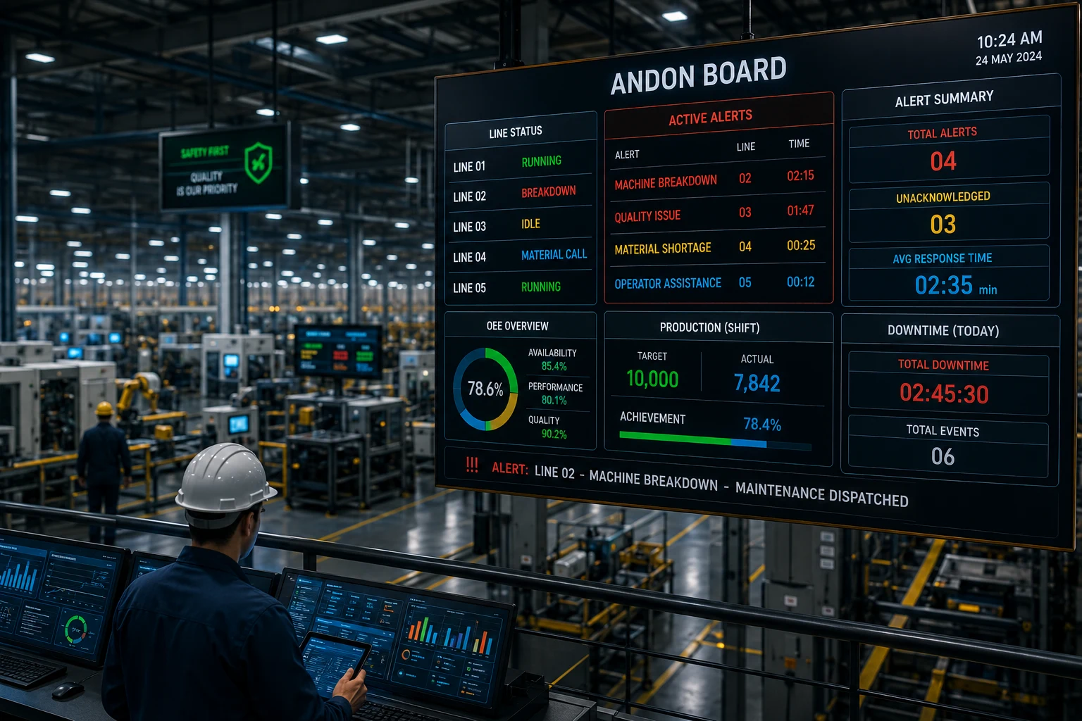 Digital Andon board installed on a factory shop floor displaying machine status, production alerts, downtime notifications, OEE, and production line performance.