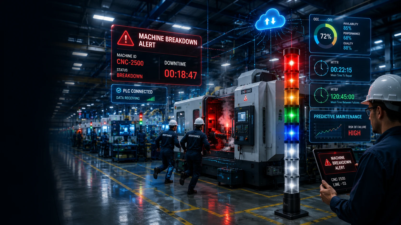 Machine breakdown alert system with Andon tower lights, digital dashboard, mobile notifications, and real-time machine status monitoring in a manufacturing plant.