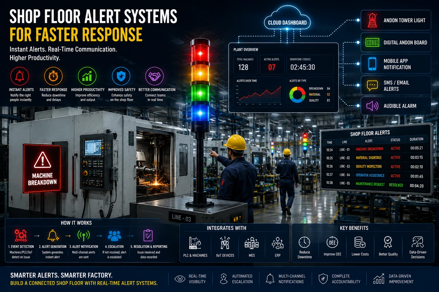 Digital shop floor alert system displaying machine status, Andon tower lights, production alerts, maintenance notifications, and real-time dashboards inside a smart factory.