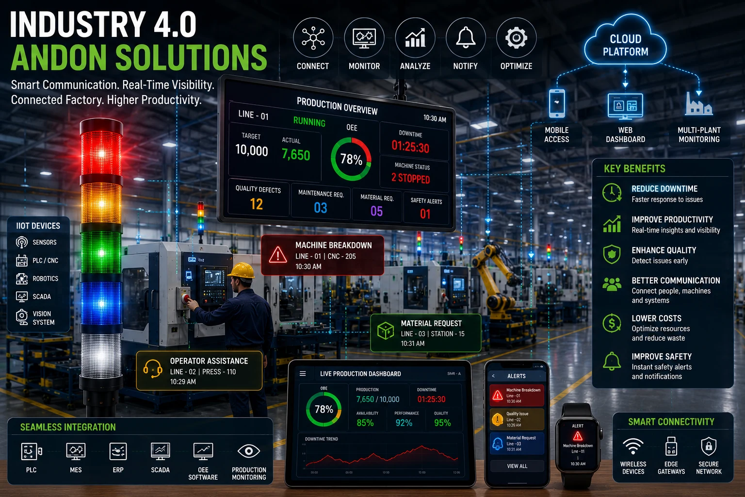 Industry 4.0 Andon solution with smart factory dashboard, wireless Andon boards, IoT-connected machines, tower lights, cloud monitoring, and real-time production analytics.