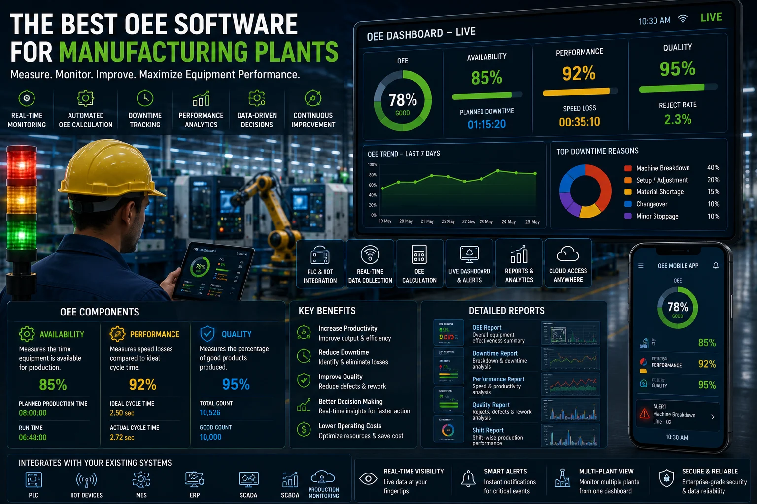 Modern OEE software dashboard displaying machine availability, performance, quality, downtime analytics, production KPIs, and real-time factory monitoring.