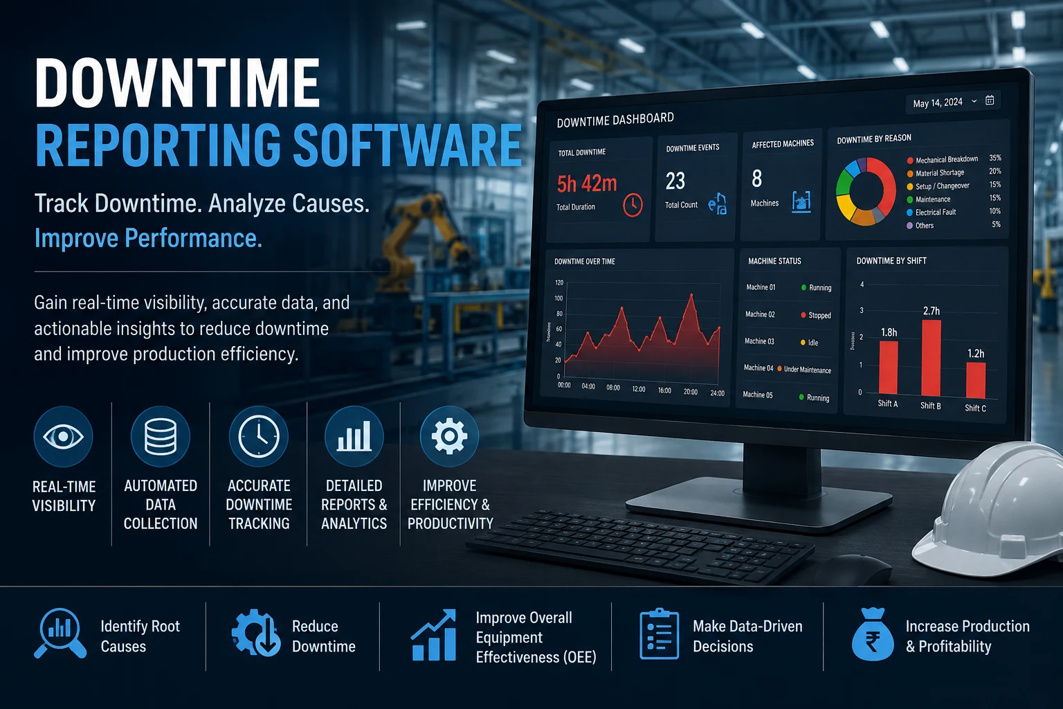 Downtime reporting software dashboard showing machine stoppages, downtime causes, production losses, and equipment performance