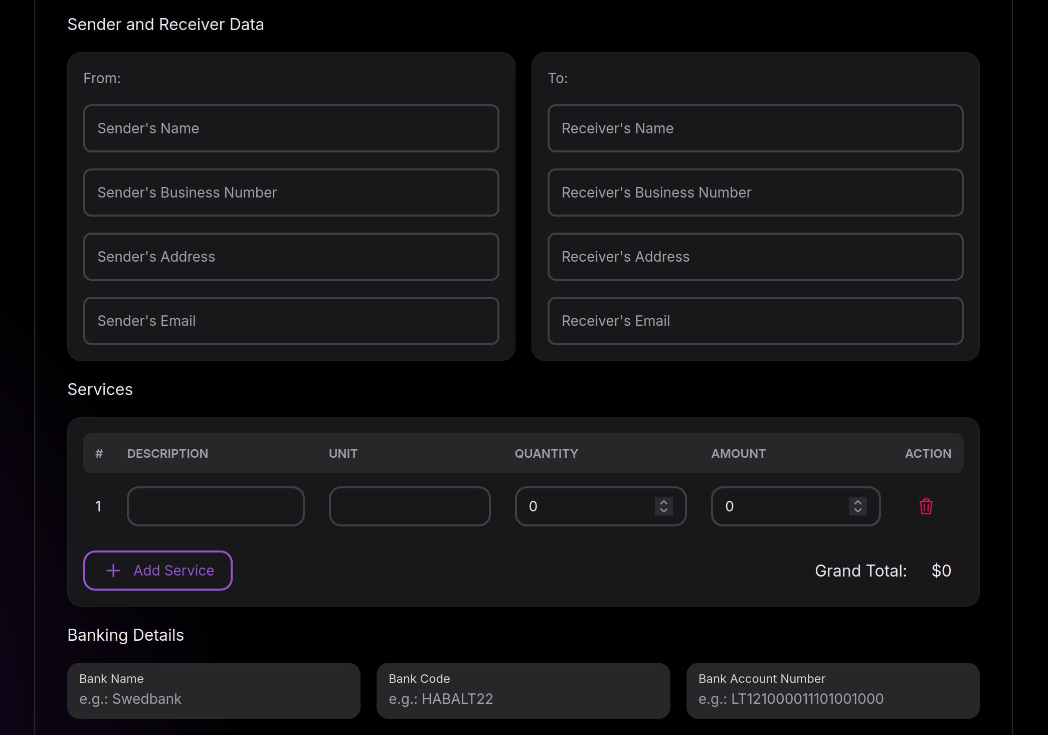 Invoice editor interface