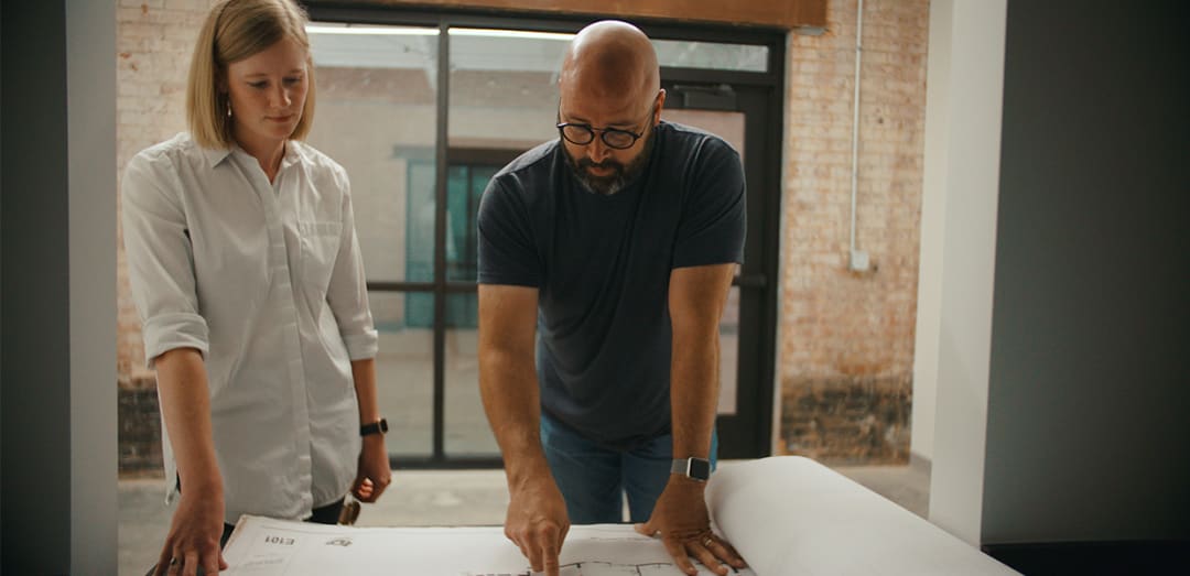 Hana Waugh, AIA, and Jeremy Gardner, AIA, of Gardner Architects discuss plans for a renovated commercial hub in Oklahoma City's Eastside neighborhood, which was the subject of the AIA Film Challenge 2019 Grand prize-winning film, The Eastpoint Project.