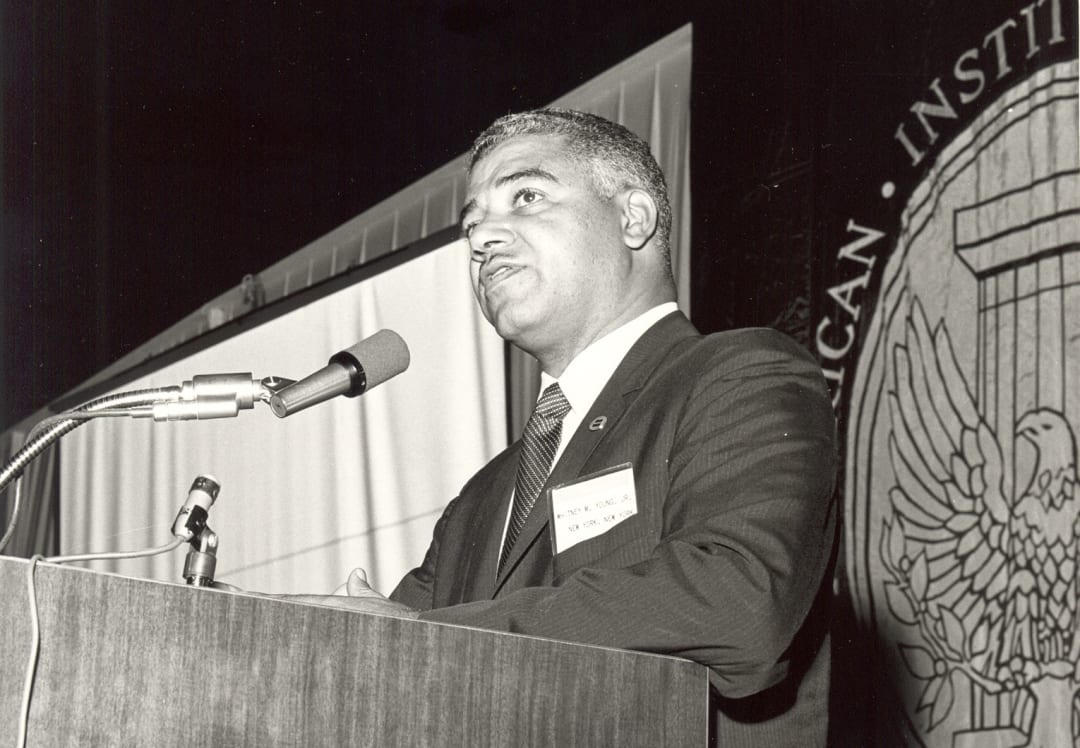 Whitney M. Young Jr addresses the crowd at the 1968 AIA national convention