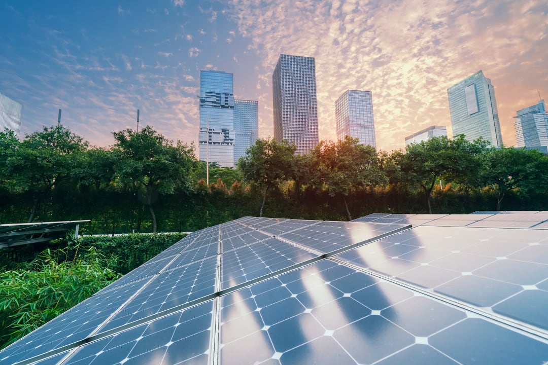 Commercial architecture, solar panels, energy-efficient buildings