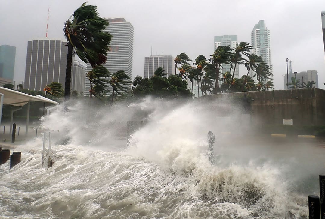 Hurricane Irma strikes Miami, Fla. with 100+ mph winds and a destructive storm surge on Sept. 10, 2017