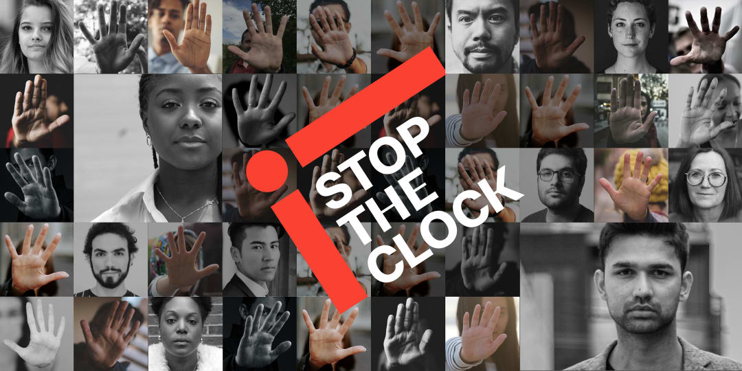 Stop the Clock campaign image collage of hands showing stop signal