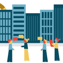illustration of people in front of a building skyline