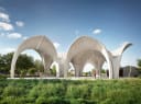 CONFLUENCE PARK’S UNIQUE MAIN PAVILION IS MADE OF 22 CONCRETE “PETALS” THAT FORM A GEOMETRY DESIGNED TO COLLECT AND FUNNEL RAINWATER