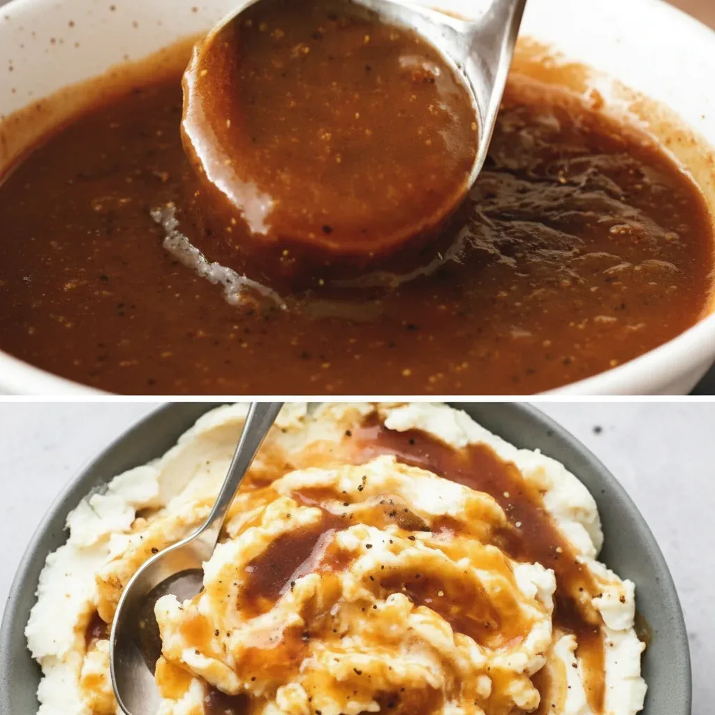 A jug of rich, dark beef gravy ready to be served.