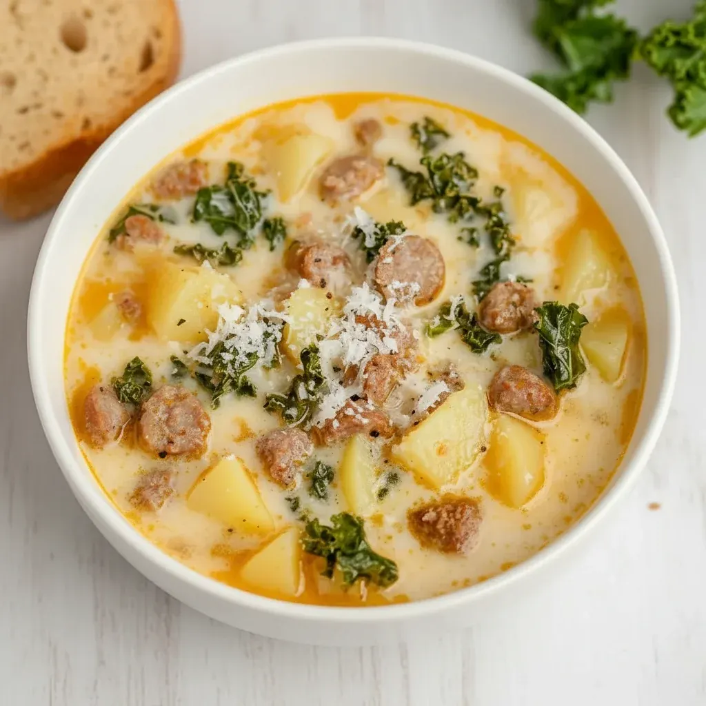 A bowl of creamy Zuppa Toscana soup with sausage, potatoes, and kale.