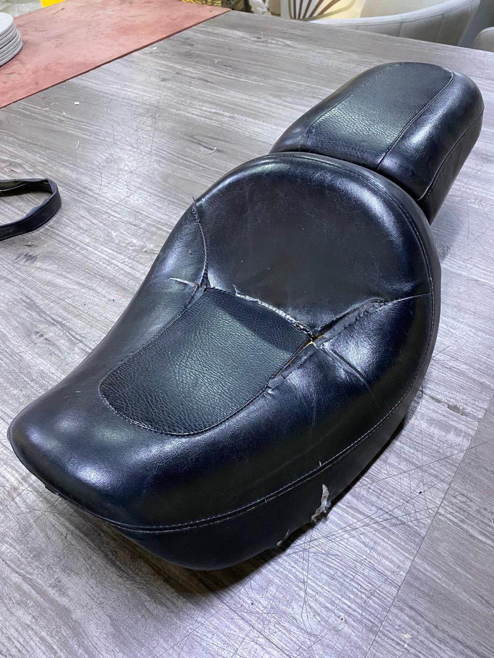 Custom Motorcycle Leather Seat Scratch & Weather Restoration Before