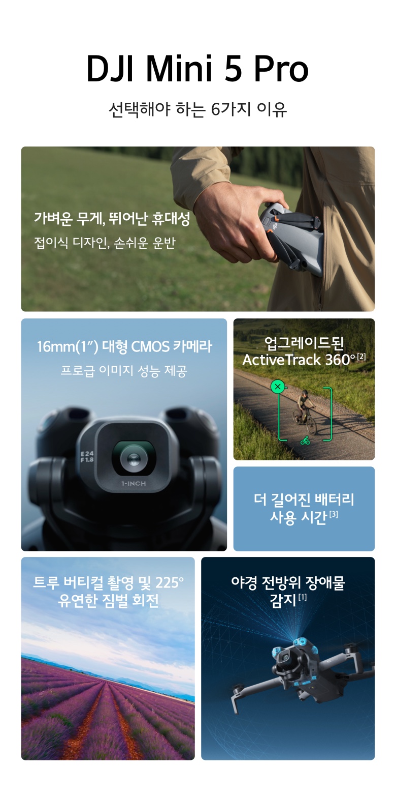 DJI Mini 5 Pro 선택해야 하는 6가지 이유 - 휴대성, 1인치 CMOS 카메라, ActiveTrack 360도, 배터리, 버티컬 촬영, 야경 장애물 감지