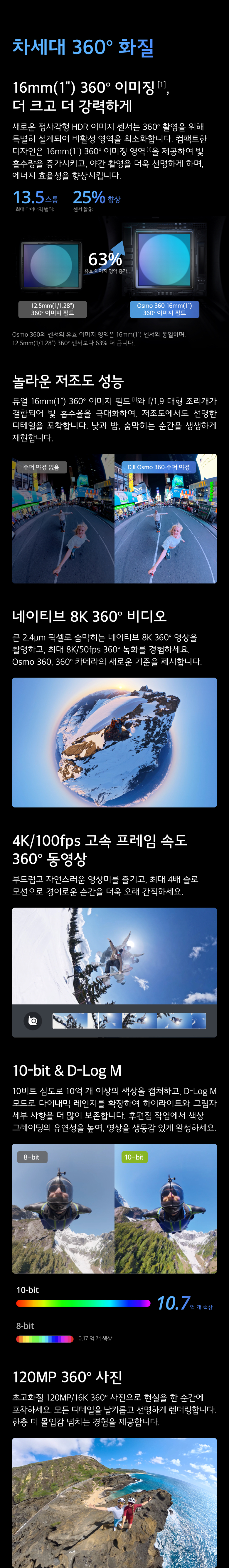 DJI Osmo 360 16mm 1인치 센서 – 네이티브 8K 360° 비디오, 4K/100fps 고속 프레임, 10-bit D-Log M, 120MP 360° 사진