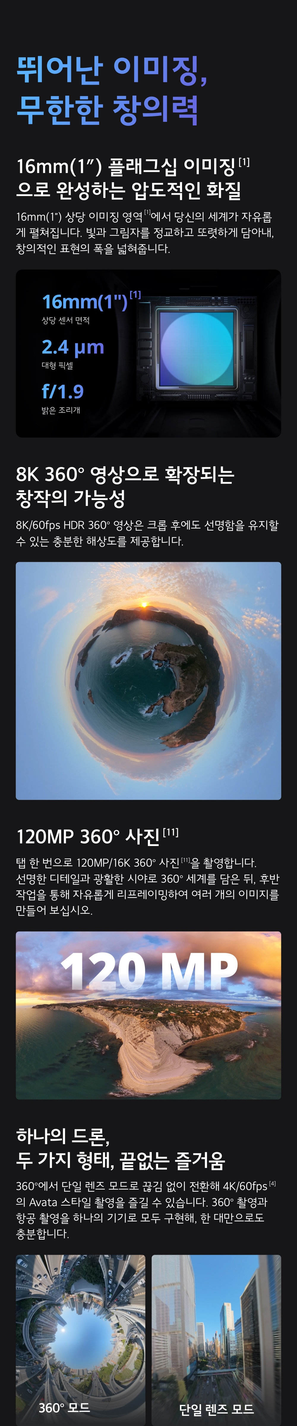 16mm 1인치 플래그십 이미징 센서와 8K 360도 영상