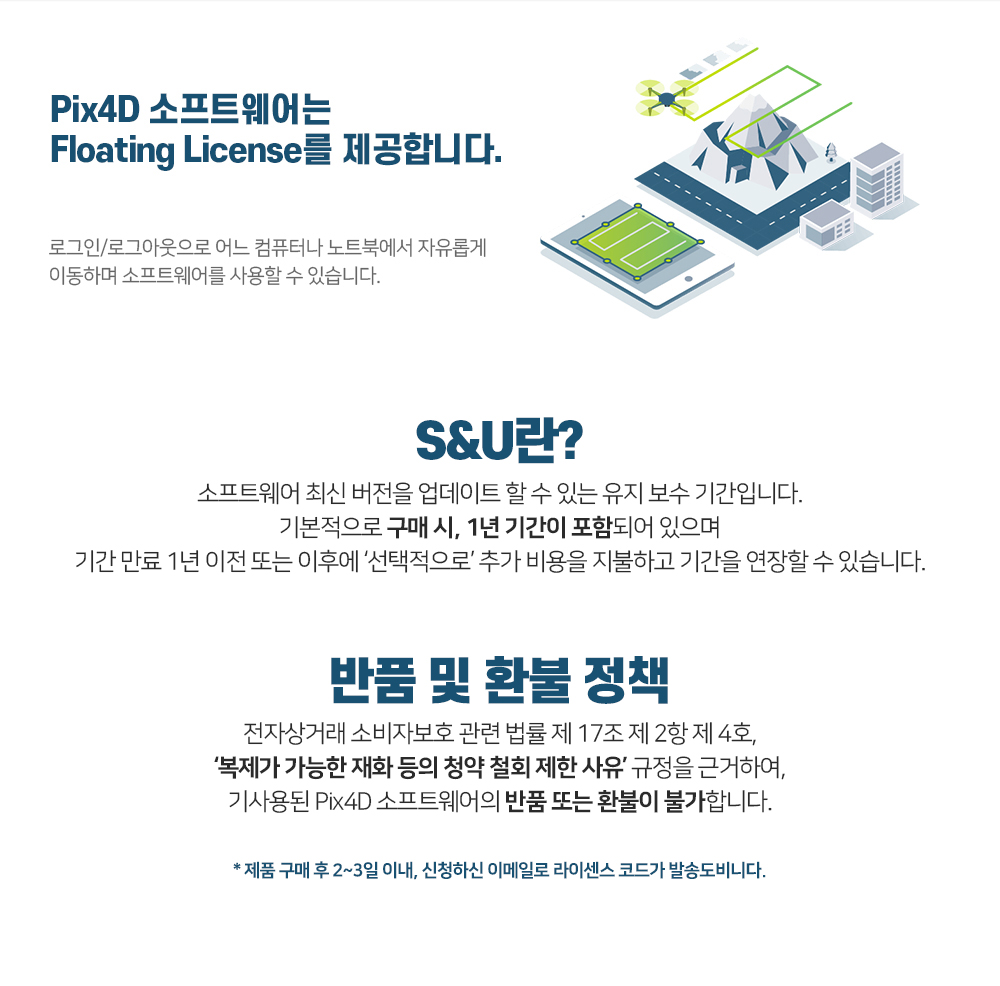 Pix4D 소프트웨어는 Floating License를 제공합니다. S&U(Support & Upgrades) 유지 보수 기간 안내 및 연장 정책. 복제가 가능한 재화 등의 청약 철회 제한 사유에 따른 반품 및 환불 정책 안내.