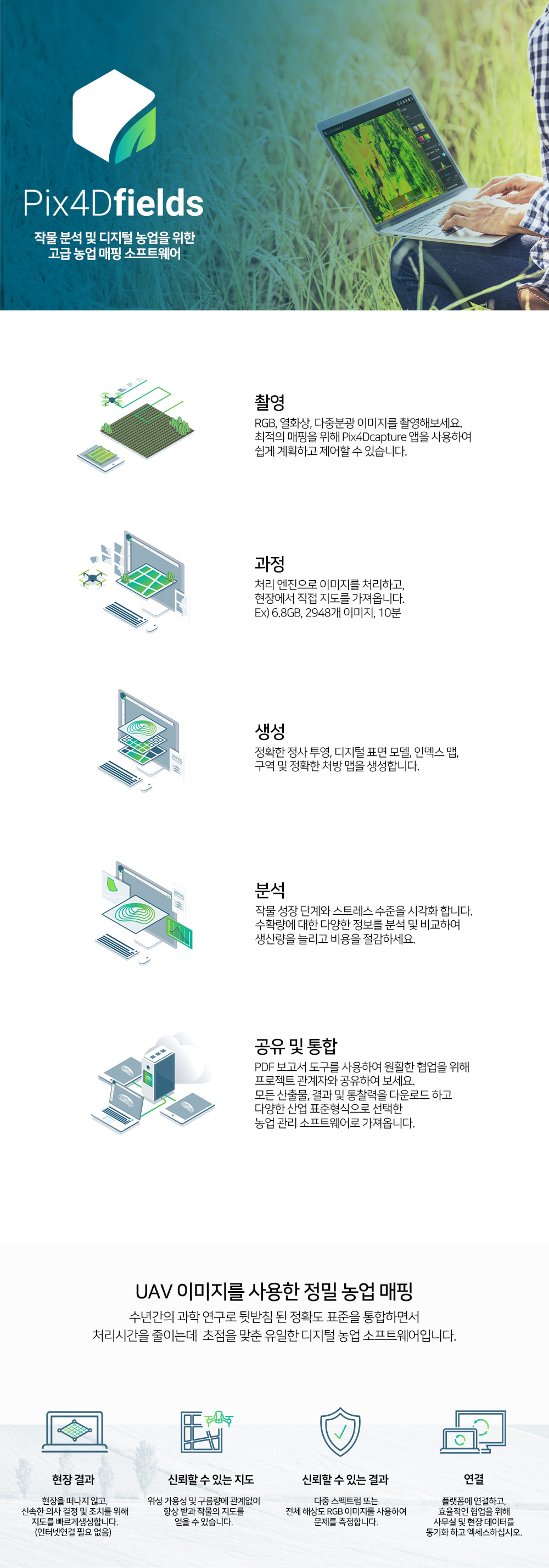 Pix4Dfields 작물 분석 및 디지털 농업을 위한 고급 농업 매핑 소프트웨어. 촬영, 과정, 생성, 분석, 공유 및 통합의 워크플로우 지원. UAV 이미지를 사용한 정밀 농업 매핑으로 현장 결과, 신뢰할 수 있는 지도 및 결과, 원활한 연결을 제공합니다.