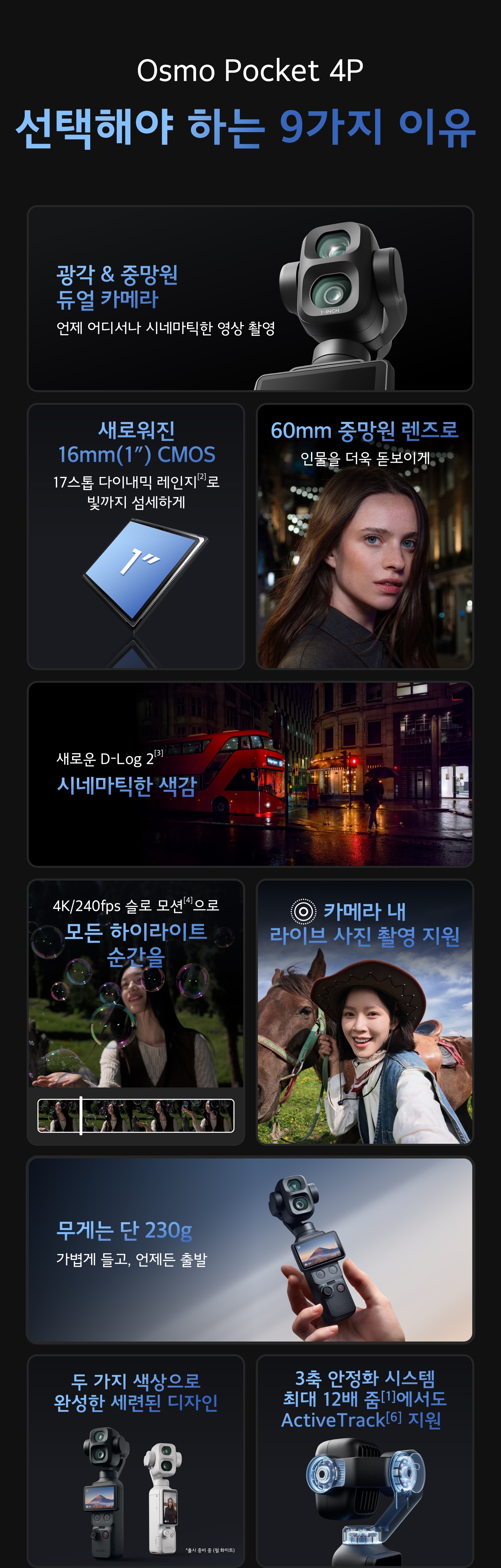 DJI 오즈모 포켓 4P를 선택해야 하는 9가지 이유 광각 중망원 듀얼 카메라 1인치 CMOS 17스톱 다이내믹 레인지