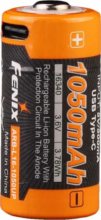 Акумулятор 16340 Fenix (1050 мАг) Type-C USB Rechargeable Battery – Чорний, Помаранчевий