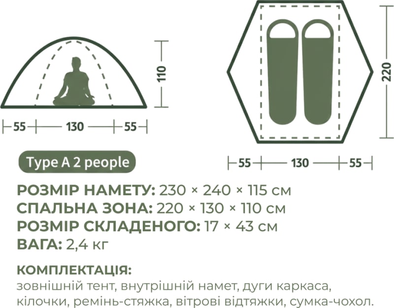Намет двомісний Naturehike Bleik Type A, Зелений – фото 7