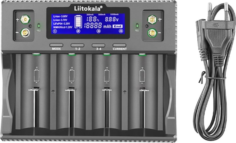 Універсальний зарядний пристрій LiitoKala Lii-D4XL EU на 4 канали + автомобільний кабель, Чорний – фото 1