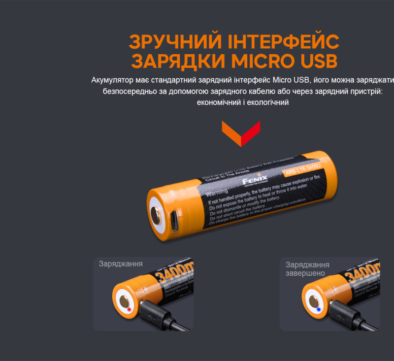 Акумулятор 18650 Fenix (3400 mAh) micro usb зарядка ARB-L18-3400U — фото 5