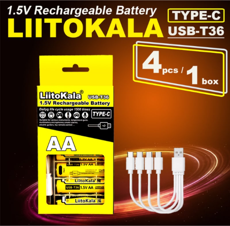Набір акумуляторів 4 шт LiitoKala USB-T36 + USB Type-C кабель зарядки — Жовтий — фото 5