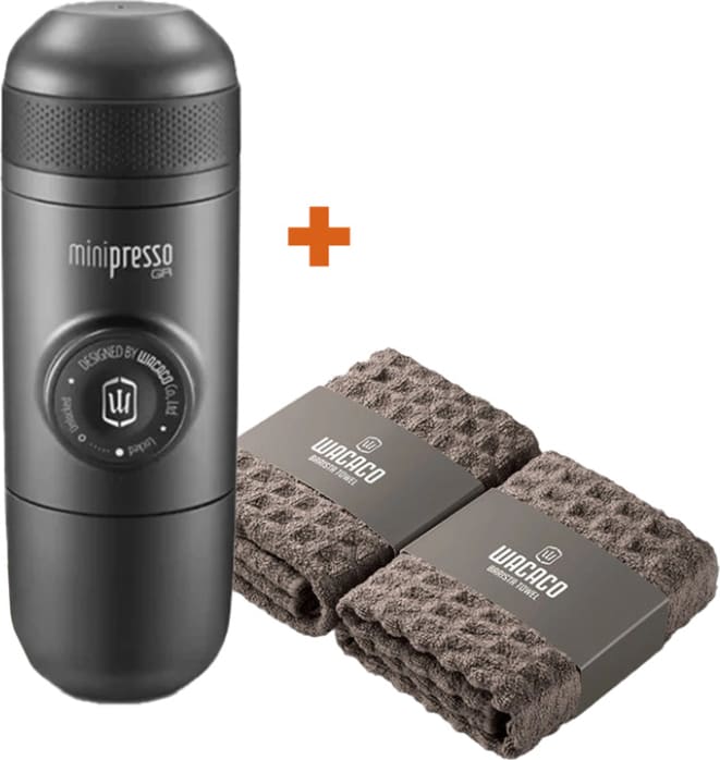 Набір Wacaco: кавоварка Minipresso GR + 2 рушники бариста, Чорний – фото 1