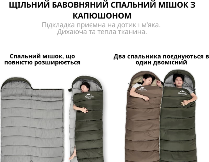 Спальник з капюшоном Naturehike U150 NH20MSD07 — Коричневий (Правий) — фото 6