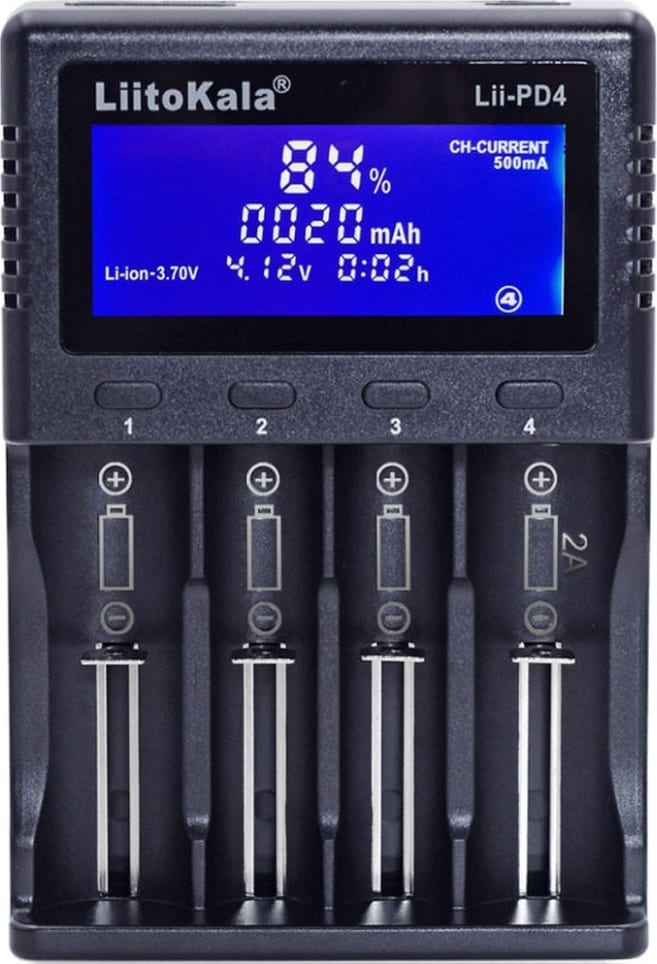 Зарядний пристрій Liitokala Lii-PD4, 4 канали, Ni-Mh/Li-ion/LiFePo4, 220V/12V, LCD, Box — Чорний — фото 1