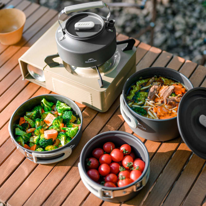 Набір посуду Naturehike CNK2450CF010 (2 каструлі, чайник, сковорідка) алюмінієвий 3000 мл, сірий – фото 5