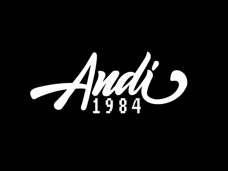 Personal brand logo with hand-written lettering 'Andi' and '1984' written in  90-style clunky, digital font-face.