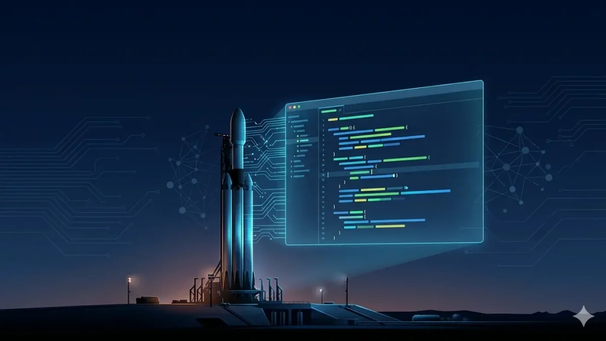 SpaceX rocket launch pad with AI coding interface overlay, symbolizing the $60 billion acquisition of Cursor AI coding startup by Elon Musk's SpaceX and xAI division