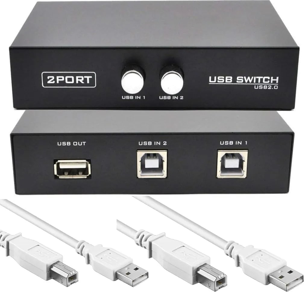 WiredCom USB Switch, Printer Sharing 2 Ports USB Switcher, USB 2.0 Selector Switch for PC Sharing Switch Box with 2 Printer Cable for PC Computer Scanner Printers Projector Camera and Keyboard