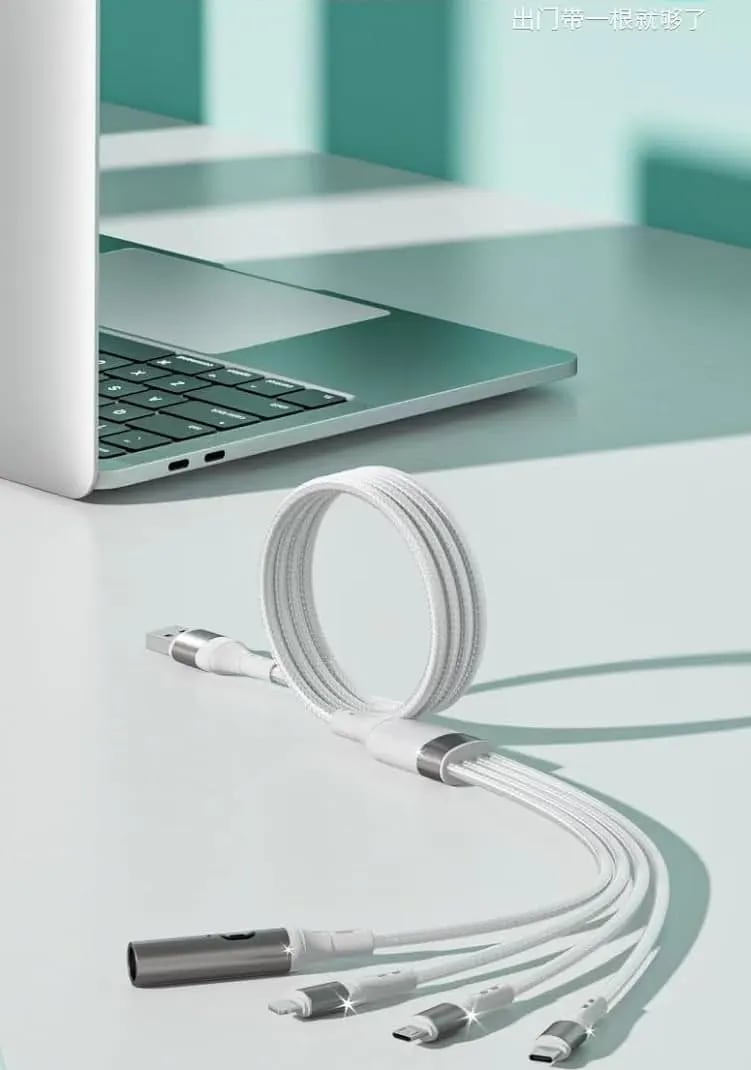WiredCom Nylon Braided 1.2 Meter 4 in 1 USB Fast Charging multi-pin 5A charging cable with cigarette lighter + Type C + Micro USB + Lightning Connector - 4 in 1 charging cable Compatible with car USB , iPhone,iPad and Smartphones