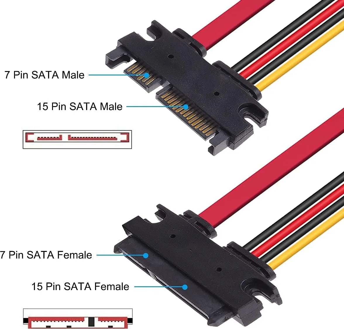 WiredCom 22Pin Male to Female SATA Power Cable 22Pin (7+15) Male Plug to 22 Pin (7+15) Female Jack Connector SATA Serial ATA Data Power Combo Extension Cables Wire Cords Cable