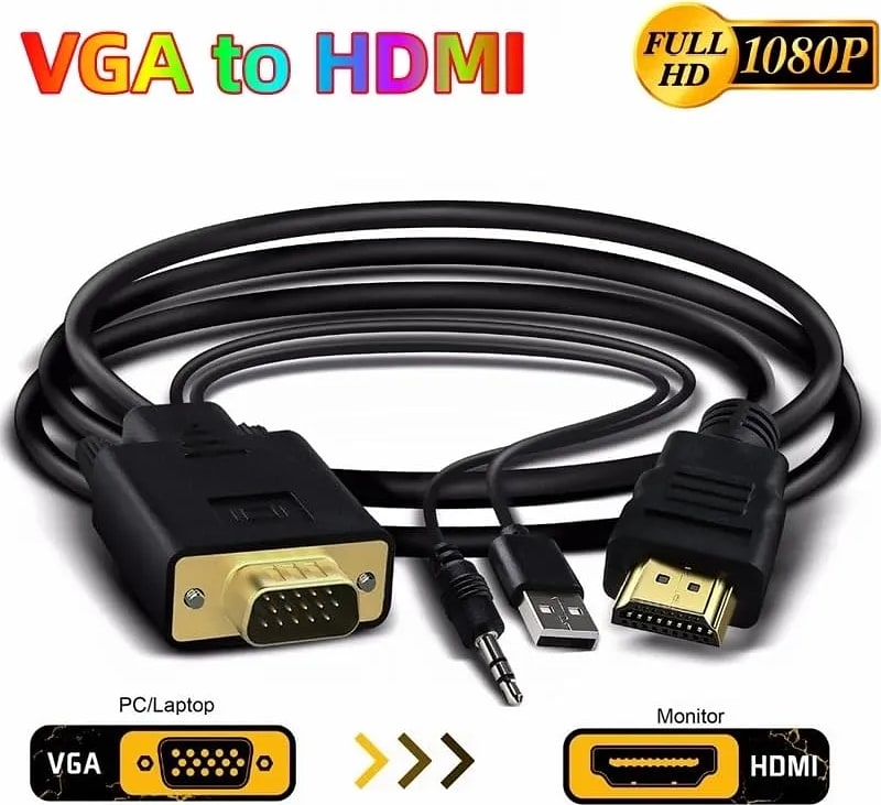 Wiredcom HDMI VGA Converter 6ft/1.8m Cable 1080P Adapter Built in 3.5mm Audio & USB Power Compatible for PC Laptop Ultrabook Raspberry Pi Projector Monitor