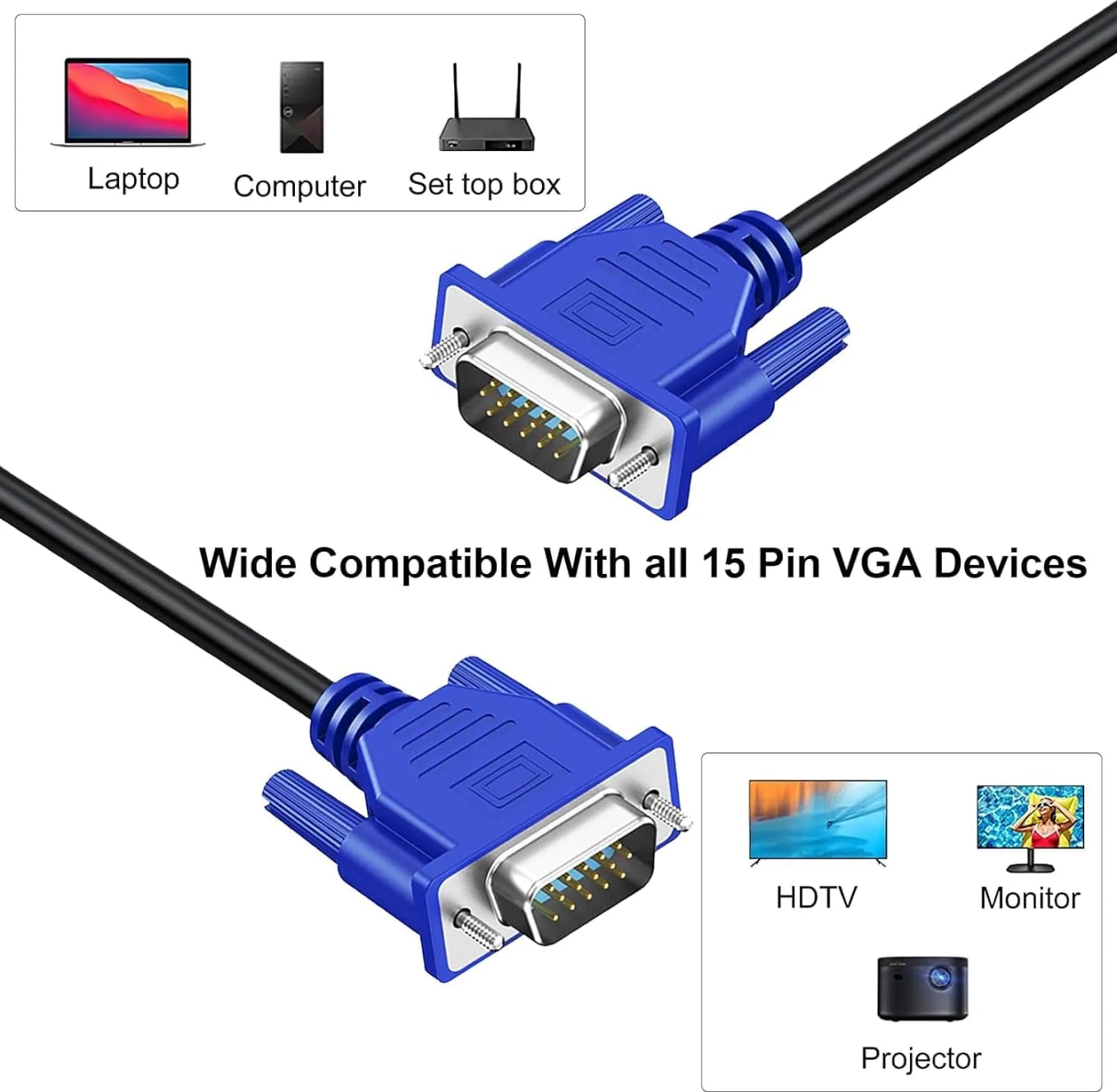 WiredCom® VGA Computer Monitor Cable, VGA Male to Male Cord 1080P Full HD High Resolution for Monitor TV Computer Projector-Blue