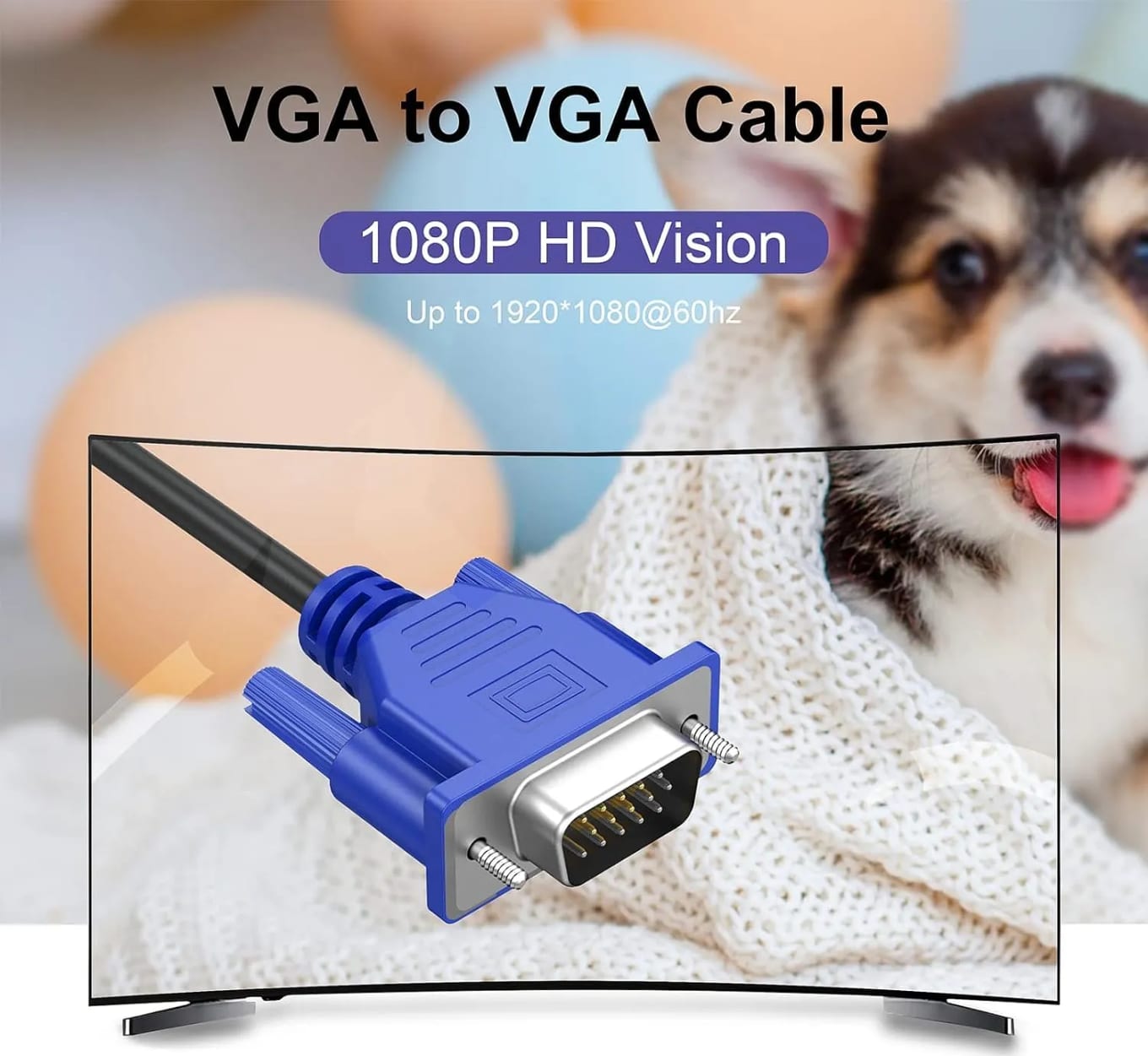 WiredCom® VGA Computer Monitor Cable, VGA Male to Male Cord 1080P Full HD High Resolution for Monitor TV Computer Projector-Blue