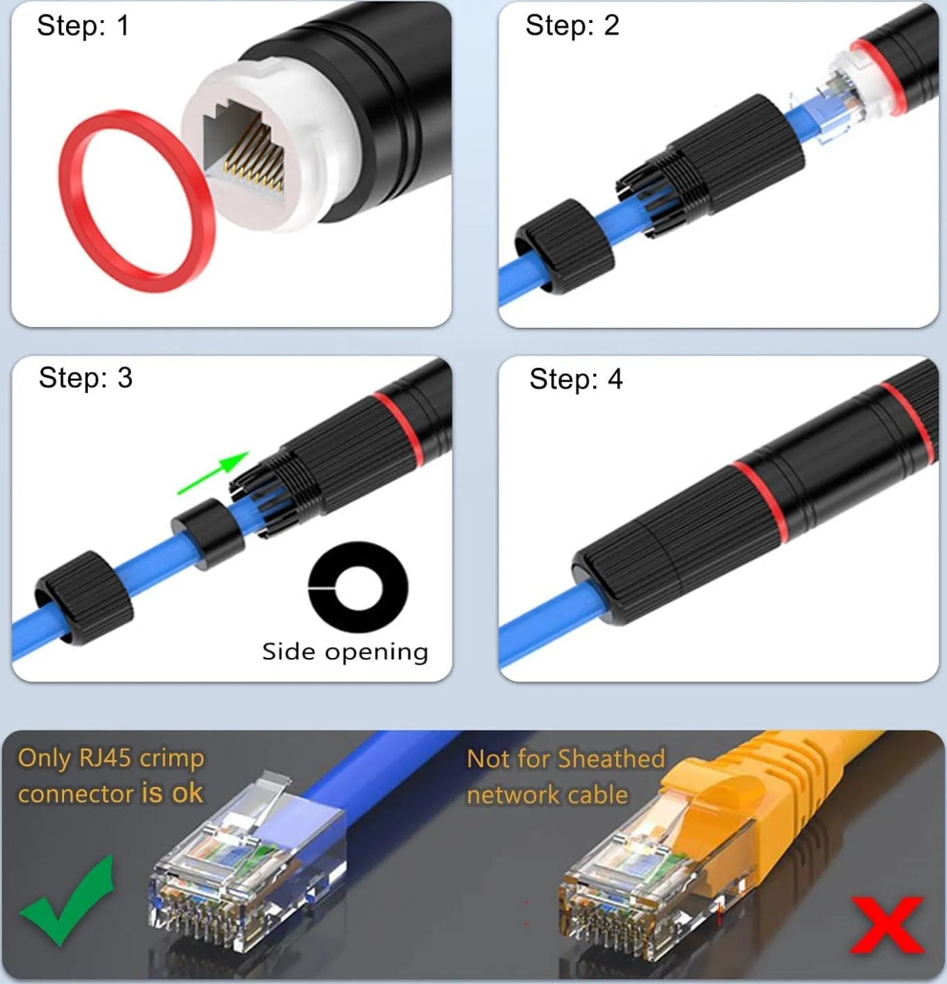 WiredCom RJ45 Waterproof Connector, LAN Cable Joiner Shielded for CAT5/5e/6/8P8C Female to Female ethernet Coupler LAN Adapter Extender Double Head Outdoor, Black (Pack of 2)