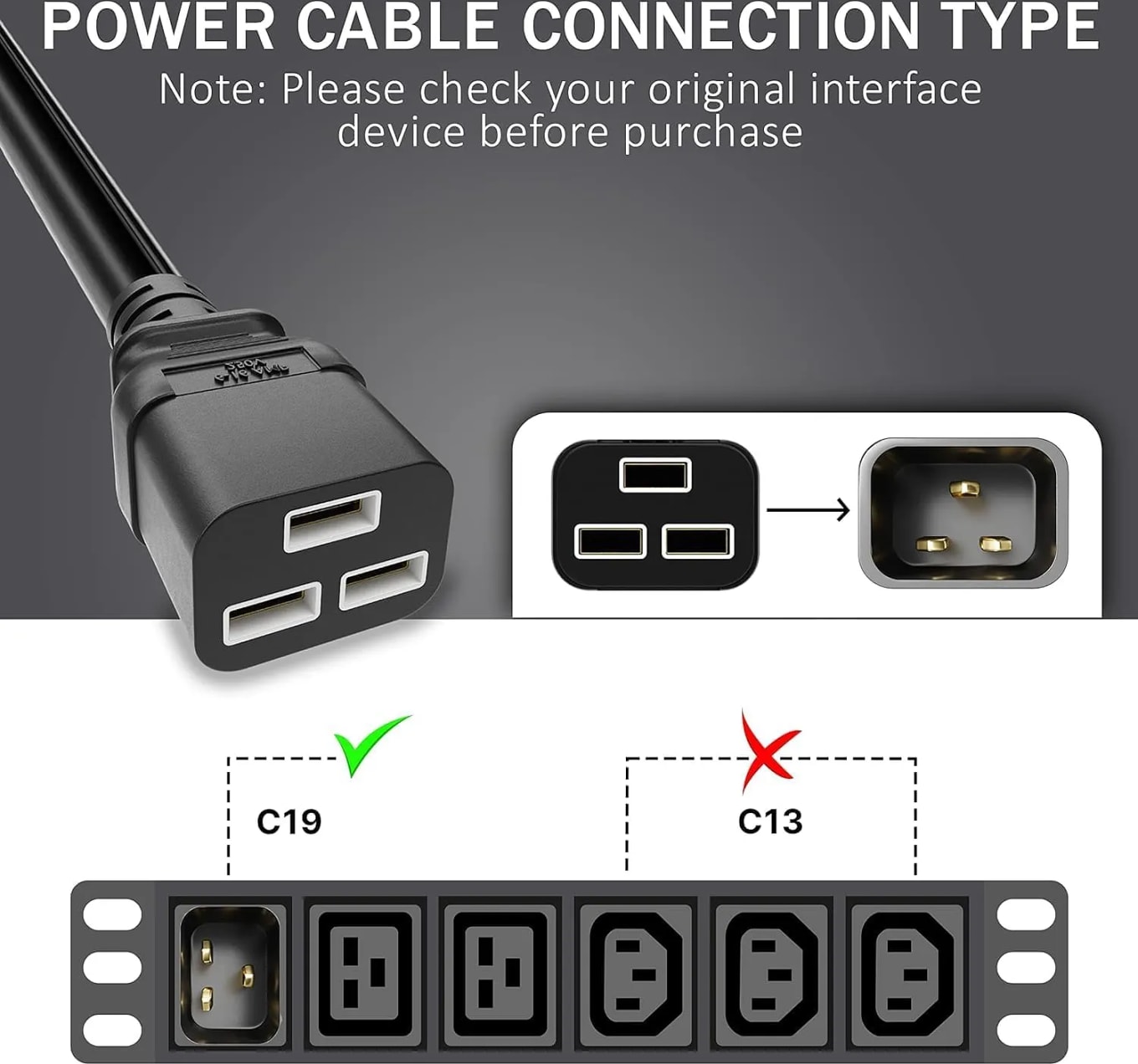 WiredCom® 16amp C19 Server AC Power Cord Heavy Duty Mains AC Power Cord, 16A 250V, 16AWG, Computer Power Cord, Heavy Gauge Power for PDUs, UPS Amplifier and Network Equipment