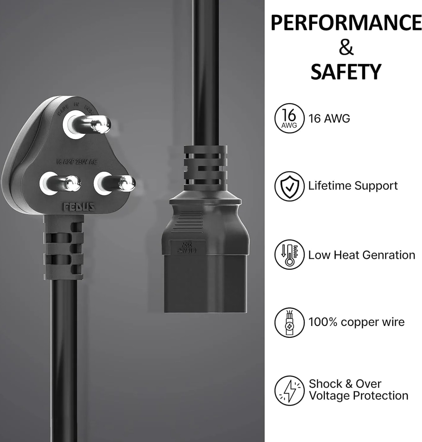 WiredCom® 16amp C19 Server AC Power Cord Heavy Duty Mains AC Power Cord, 16A 250V, 16AWG, Computer Power Cord, Heavy Gauge Power for PDUs, UPS Amplifier and Network Equipment